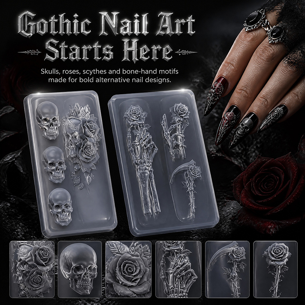 Nail Art Gothic - 2-teiliges Set Dunkelrosa Totenkopf Silikon Nagelkunst-Form