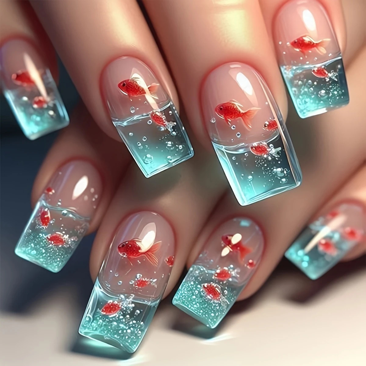 Nail Art Red - Mittellange, quadratische Kunstnägel für Damen, Sommerblau,