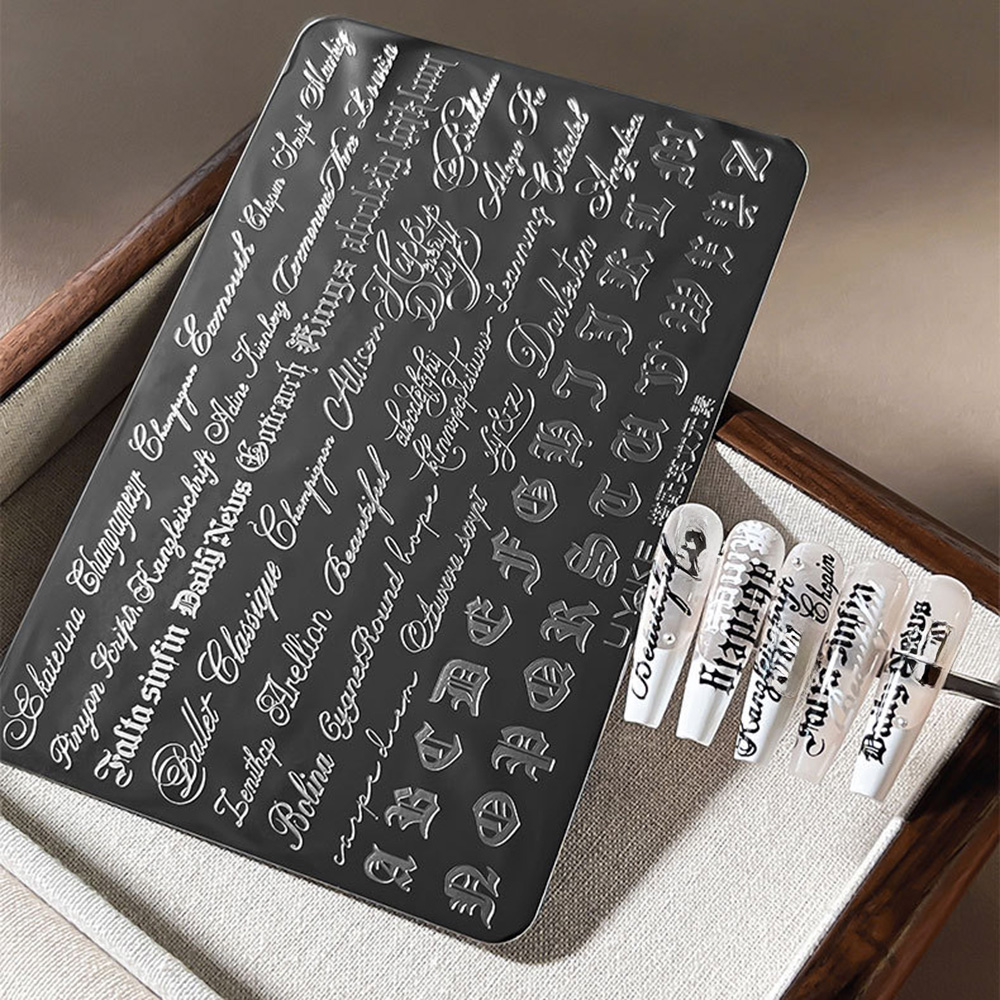 Nail Art Gothic - Gotische Kursivschrift-Nagelkunst-Stempelplatte Retro Englischer Text Transfer-Schablone
