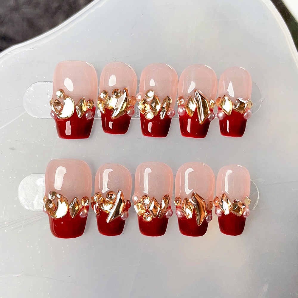 Nail Art Red - 10 Stück kurze, trapezförmige, handgefertigte Press-On-Nägel,